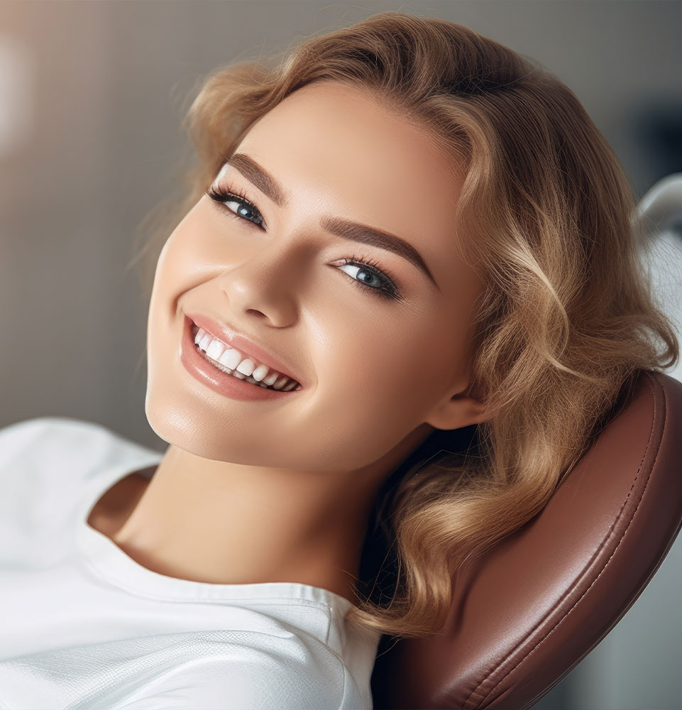 A close - up shot of a beautiful woman reclined in a dentist chair