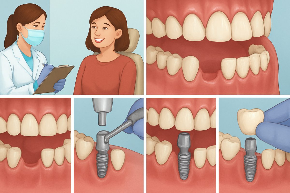 A chronological illustration depicting the "dental implant process" from initial consultation to final restoration. No text on the image.