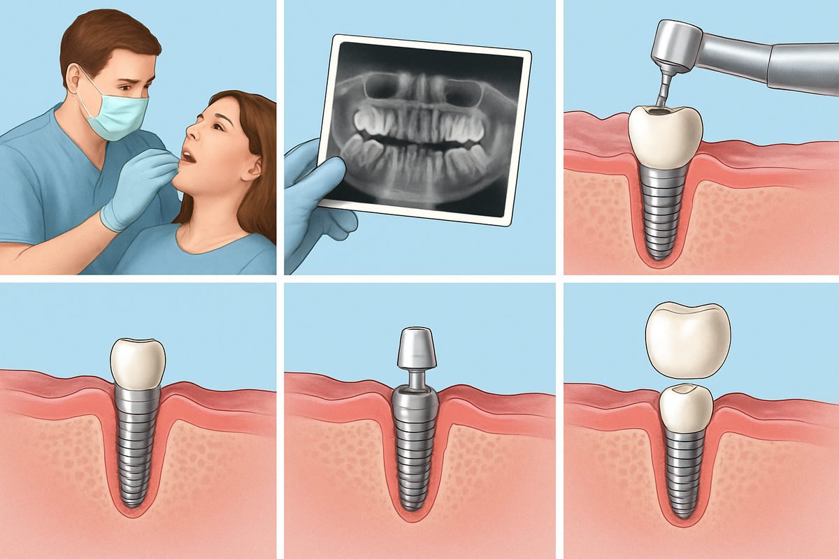 Image showcasing the dental implant process from initial consultation to final restoration. Include the steps such as imaging, implant placement, healing, abutment placement, and crown delivery. No text on the image.