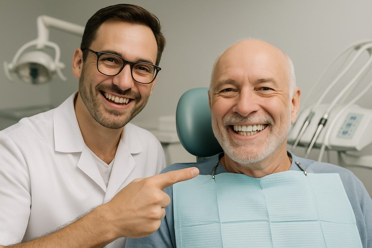Image of a dentist smiling and pointing to a set of newly installed implants in a patient's mouth. The patient is also smiling, showing the visible implants. No text on the image.