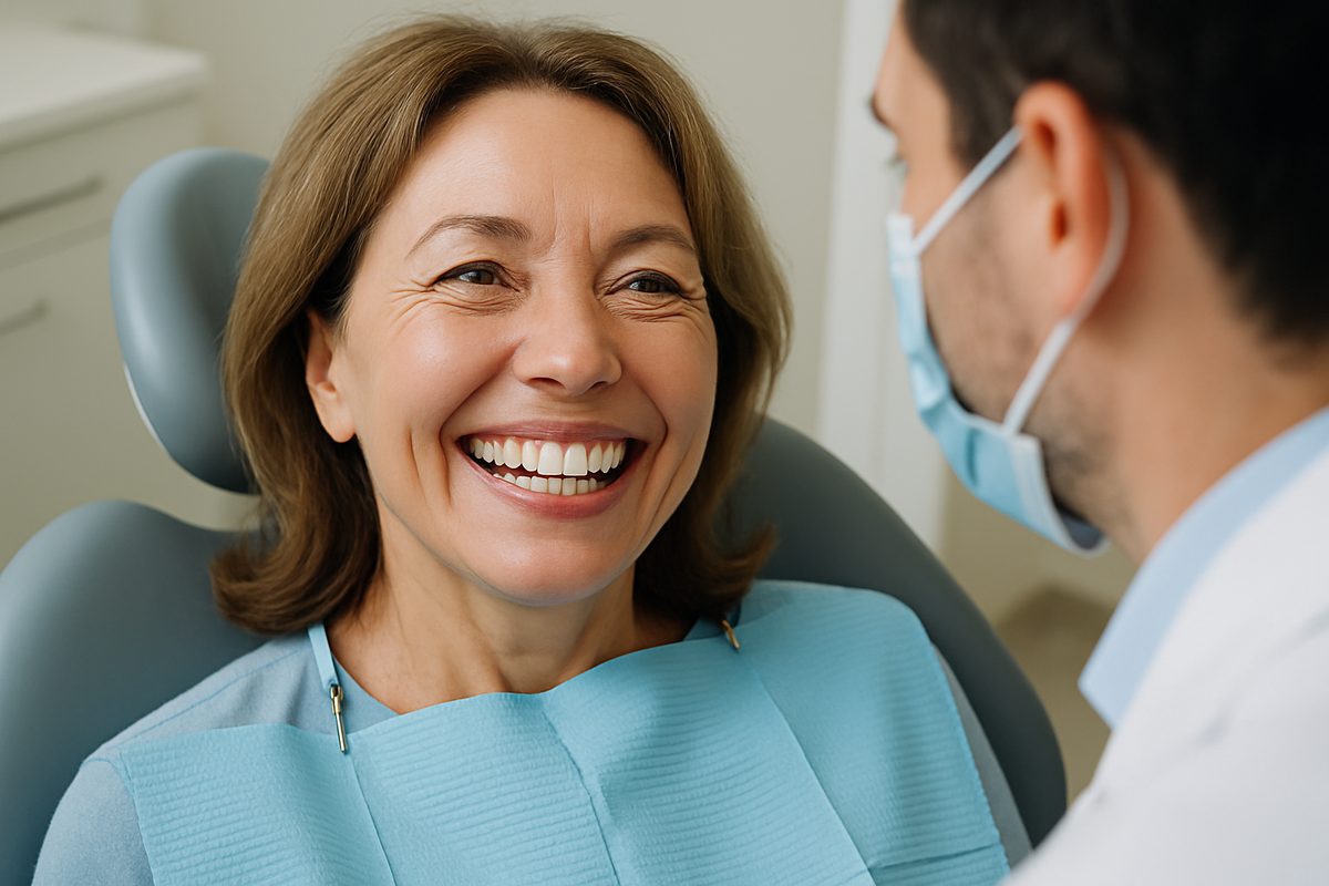 Image of a smiling middle-aged woman in a dental chair, confidently showing off her new tooth implants to a dentist. Focus on the natural-looking implants and the patient's joy. No text on image.