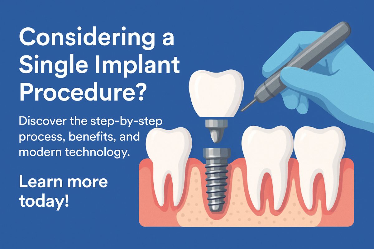 Image of a dentist explaining the single implant procedure to a patient using a 3D model of a jaw with an implant in place. No text on the image.