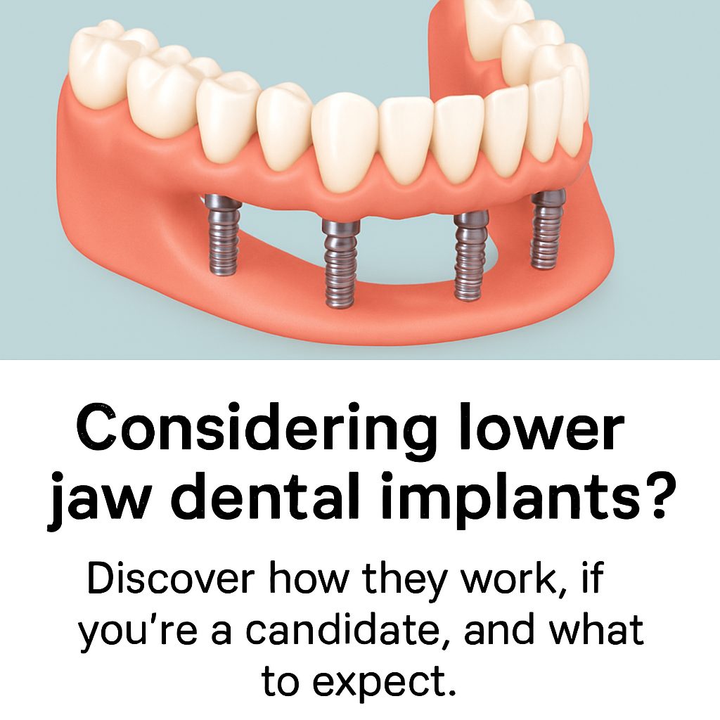 A diverse group of patients happily showing off their lower jaw dental implants in an office setting. No text on image.