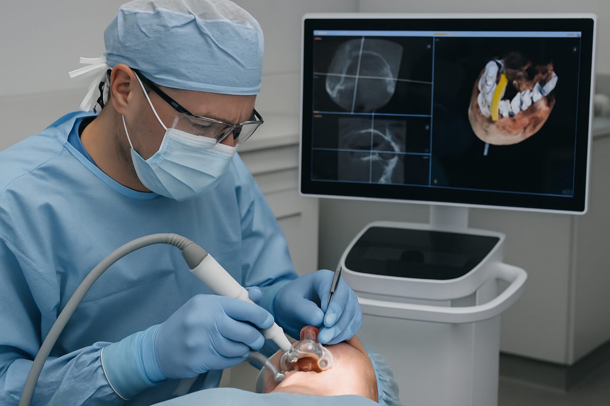 Image of a dentist in a modern surgical suite, using guided surgery technology during a dental implant procedure. The image emphasizes precision and advanced tech, with a 3D scan visible on a nearby monitor. No text on image.
