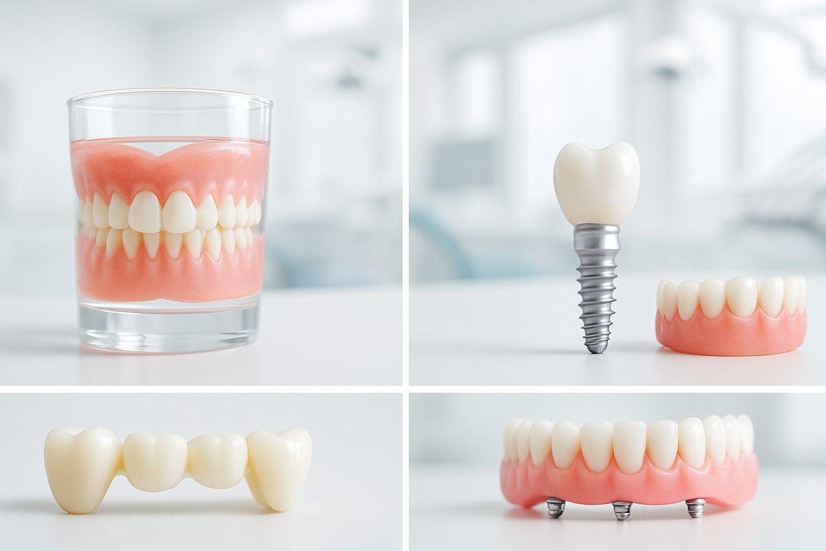 Image showcasing four distinct teeth replacement solutions: traditional dentures in a glass, a multi-tooth bridge, a single implant, and an implant-supported denture, each set against a clean, modern dental clinic backdrop. No text on the image.
