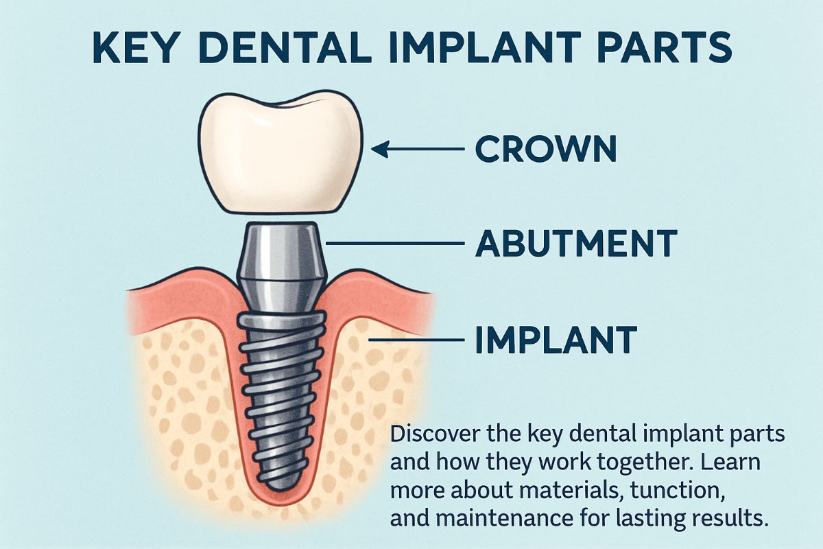 A diagram showcasing the main dental implant parts: the implant fixture (screw), the abutment, and the prosthesis (crown, bridge, or denture). The image should include labels pointing to each part with a brief description of its function. No text on image.