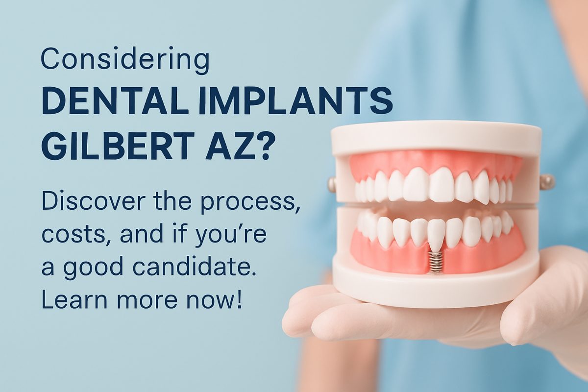 A dentist is holding a dental implant, abutment, and crown separately in their gloved hands. The text on the image reads "Dental Implants: Are They Right For You?"