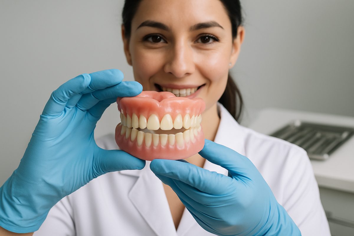 A close up photo of a dentist holding up dentures, with a background of dental tools. No text on image.