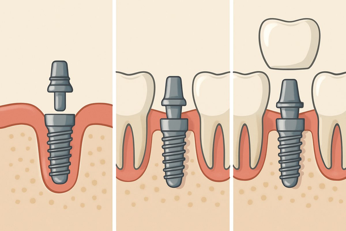 An animated infographic explaining how dental implants work, showing the titanium screw being placed in the jawbone, the abutment connecting to the screw, and the crown being placed on top. No text on the image.