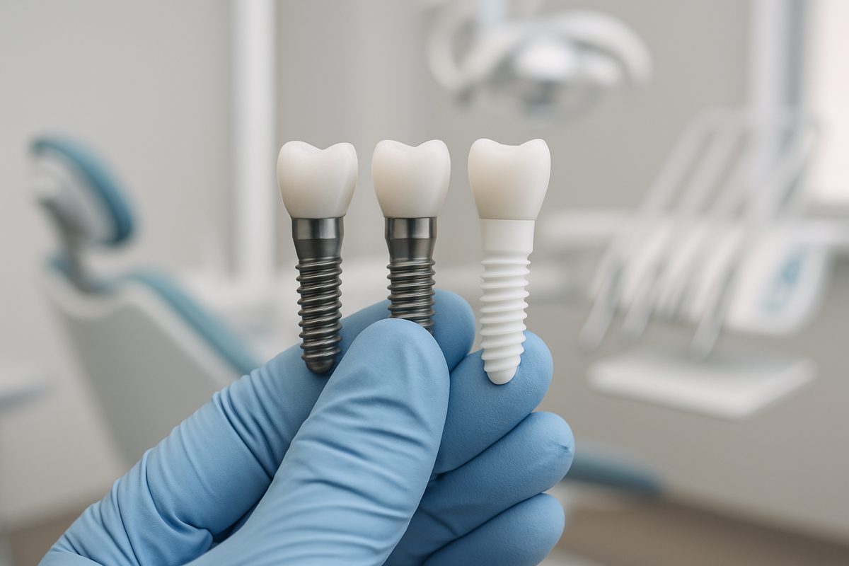 Close up image showing a dentist's gloved hand holding various dental implant metal options (titanium, titanium alloy, zirconia) side by side. The background is a modern dental office. No text on image.