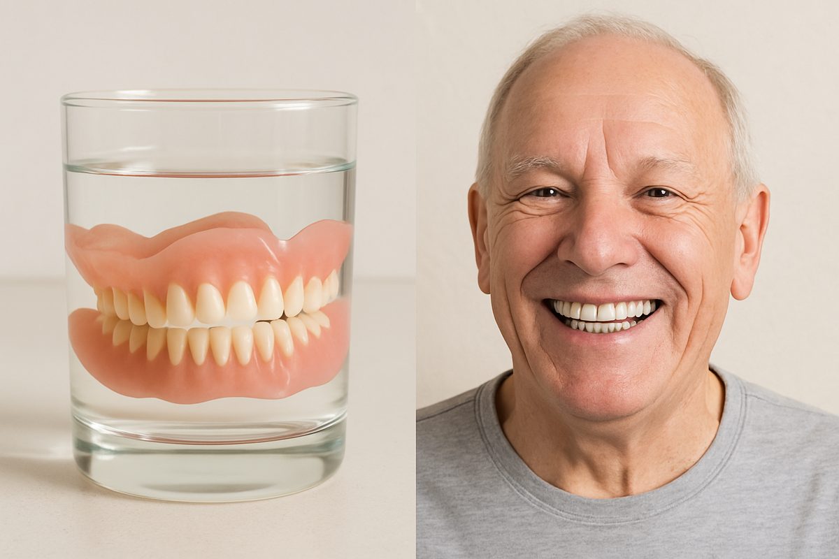 Image comparing full dentures resting in a glass of water with a patient smiling, showcasing dental implants. No text on the image.