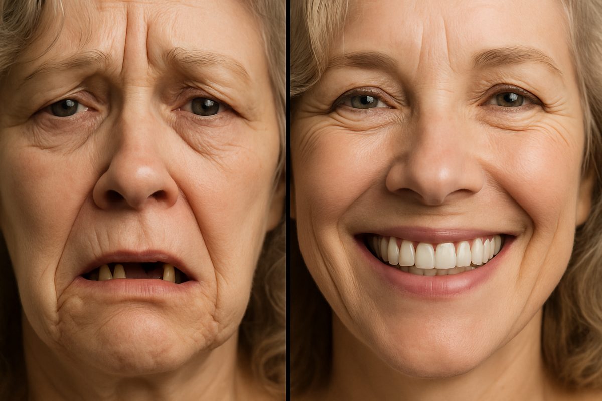 A split image showing a sad face with missing teeth on the left, and a smiling face with dental implants on the right. No text on image.