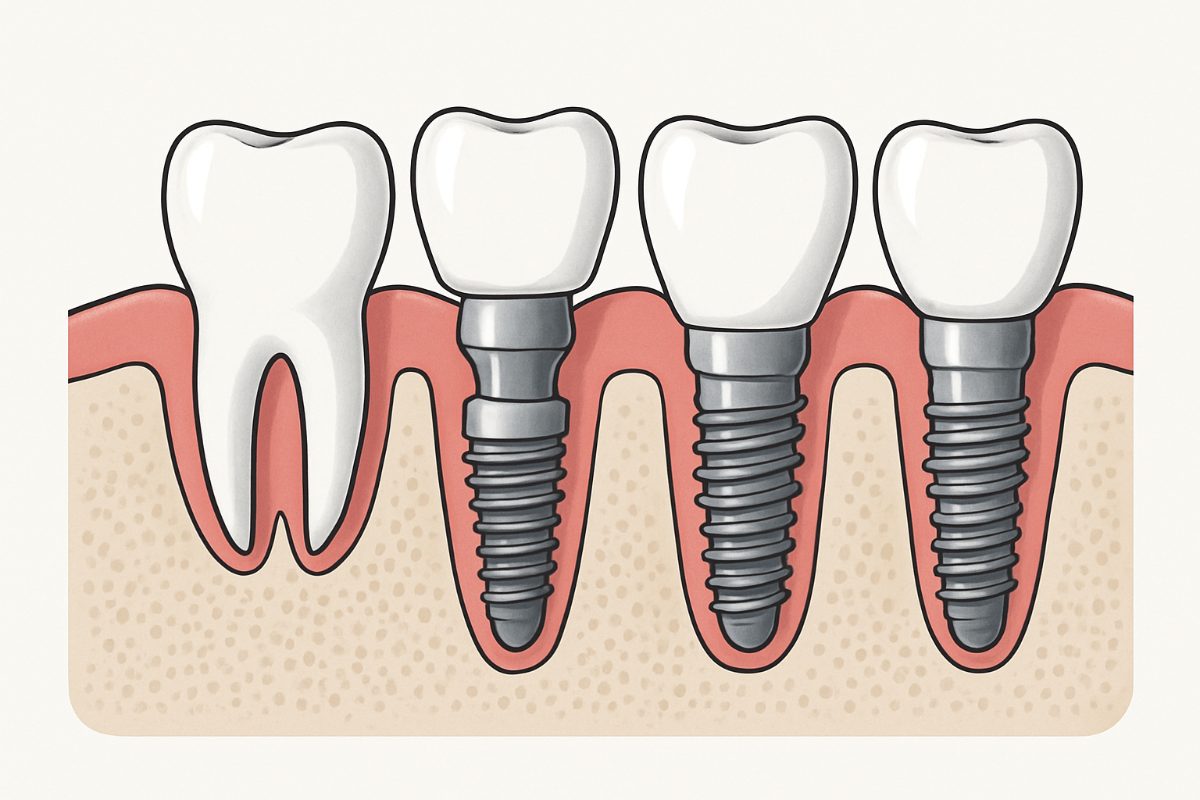 Close up image of a dentist placing a dental implant into the upper canine area of a patient's mouth. No text on image.