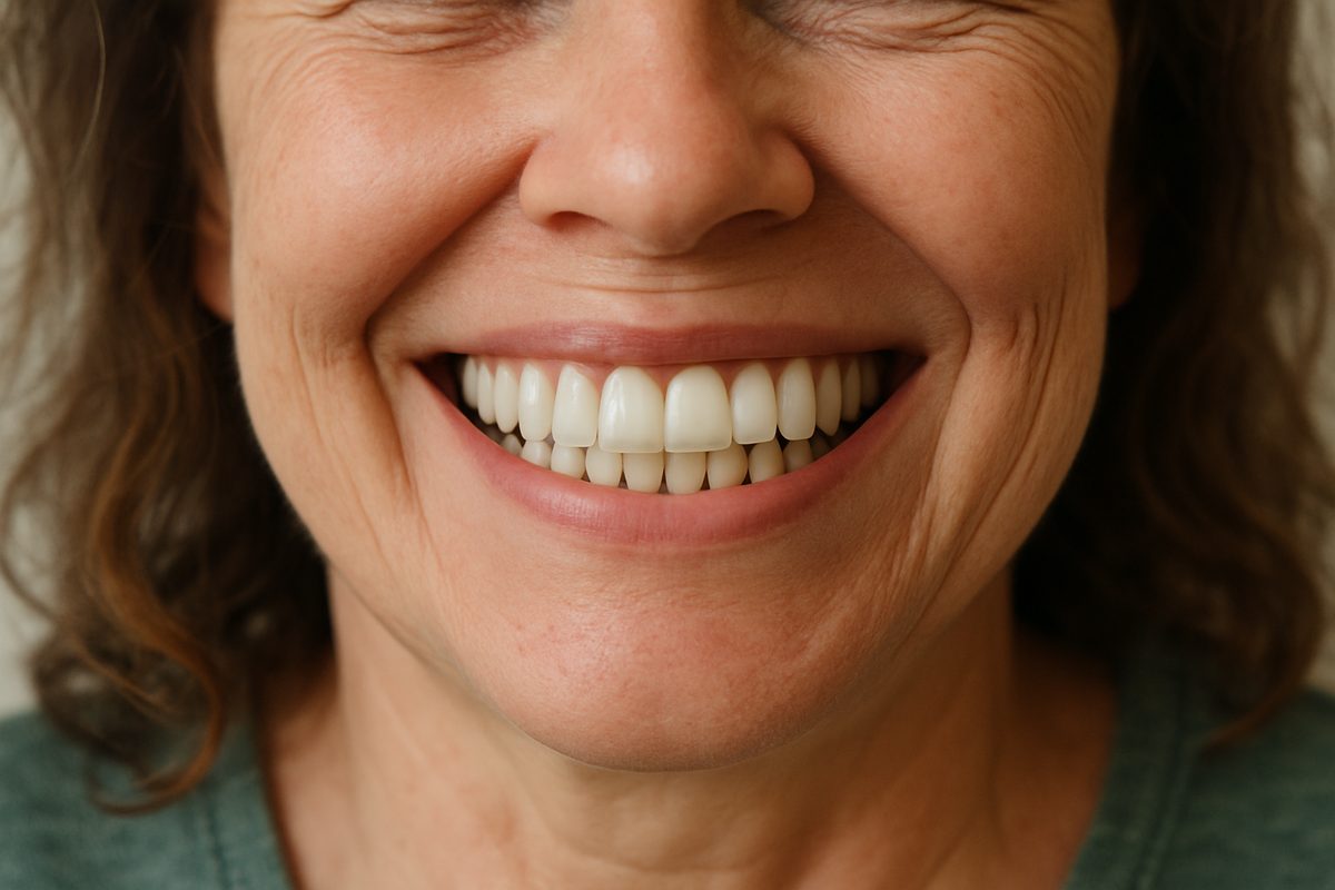A close-up image showcasing a person smiling, revealing a full set of natural-looking fixed dentures. No text on image.