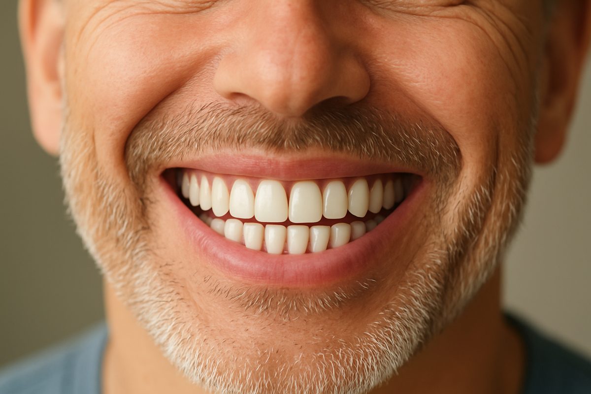 Close-up image of a patient smiling, highlighting healthy dental implants and gums. The image should convey a sense of cleanliness and proper oral hygiene, without text on the image.