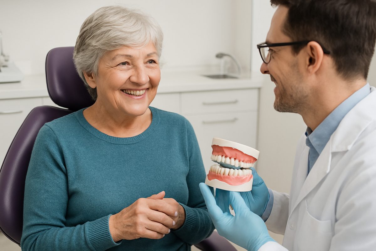 A smiling senior woman is seen talking with her dentist about options for "full mouth dental implants". No text on the image.