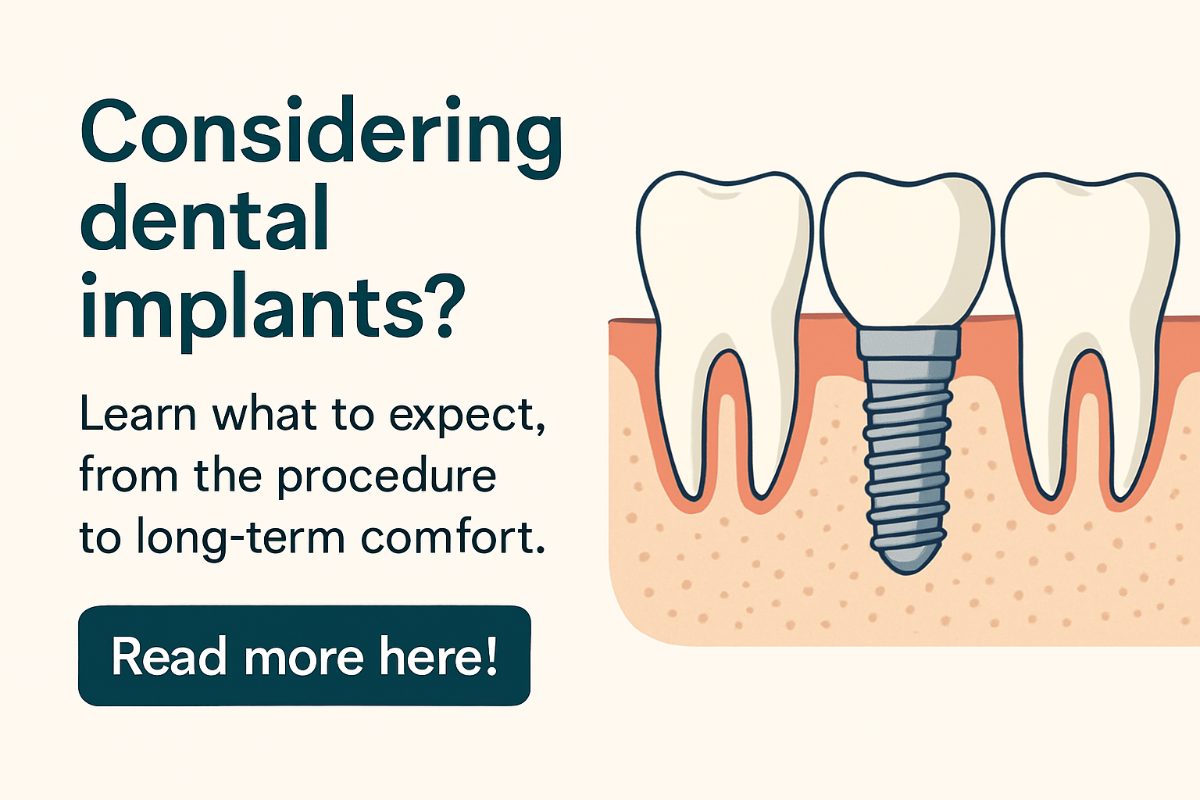 Photo of a dental implant, showing the screw inserted into the jaw bone, the abutment, and the crown, with an overlay of the text "What do dental implants look like?".