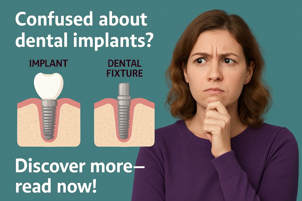 A close up photo of various dental fixtures, including implants, abutments, and screws, laid out on a sterile surgical tray. No text on the image.